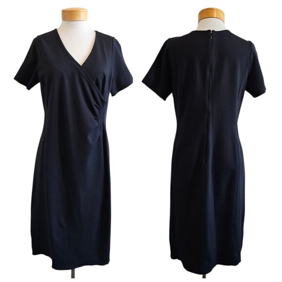 Lands End Solid Black Faux Wrap Stretchy Ruched Flattering Dress Classic 14T - Picture 1 of 12